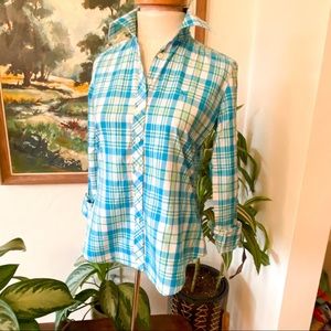 Lilly Pulitzer Blue Green Plaid Button Down Long Sleeve Shirt | Size 0/XS